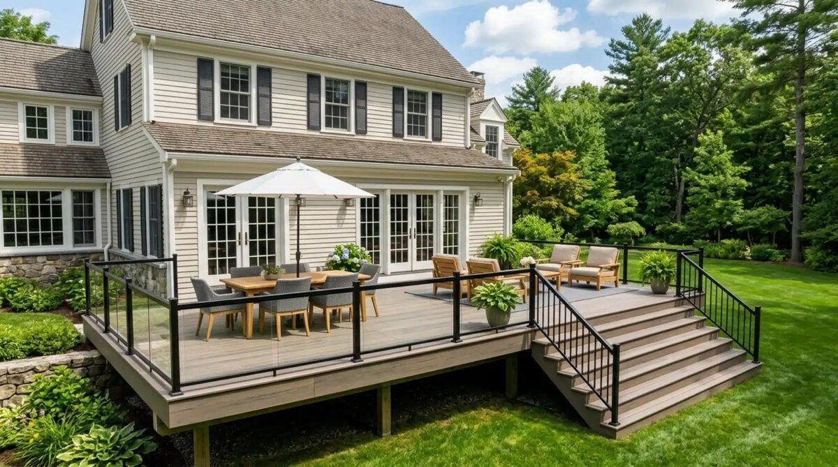 Modern raised deck with glass and metal railing, outdoor furniture and staircase