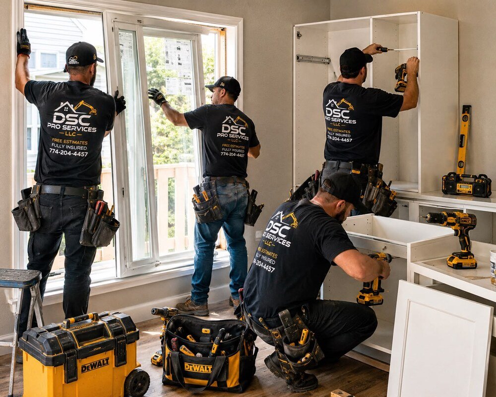 DSC Pro Services LLC crew installing windows and cabinetry on site